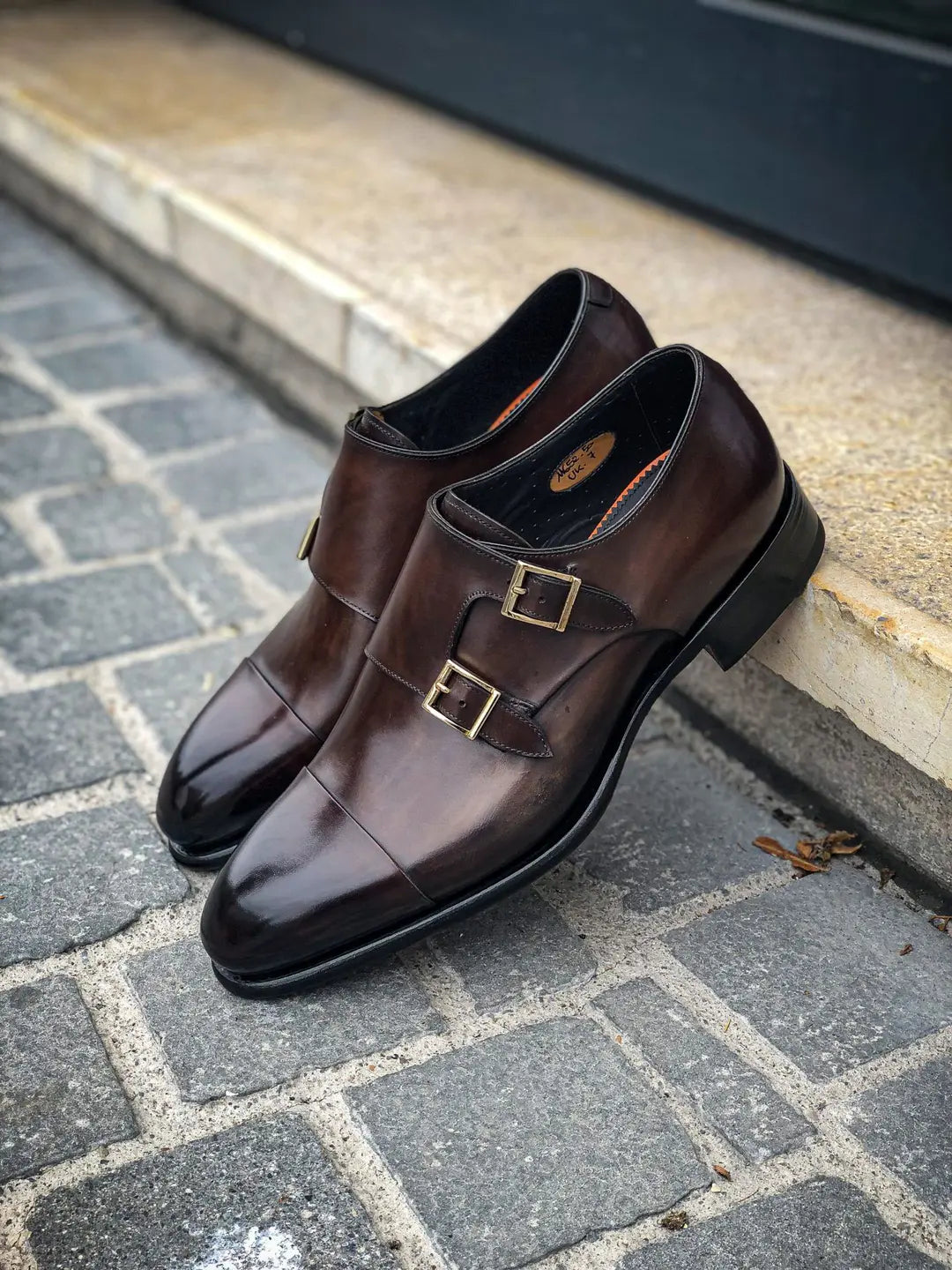 Santoni Double Buckle Dark Brown in calf leather, view 5