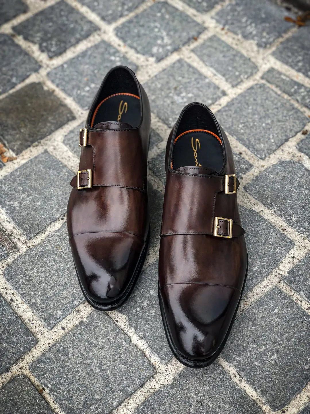 Santoni Double Buckle Dark Brown in calf leather, view 4