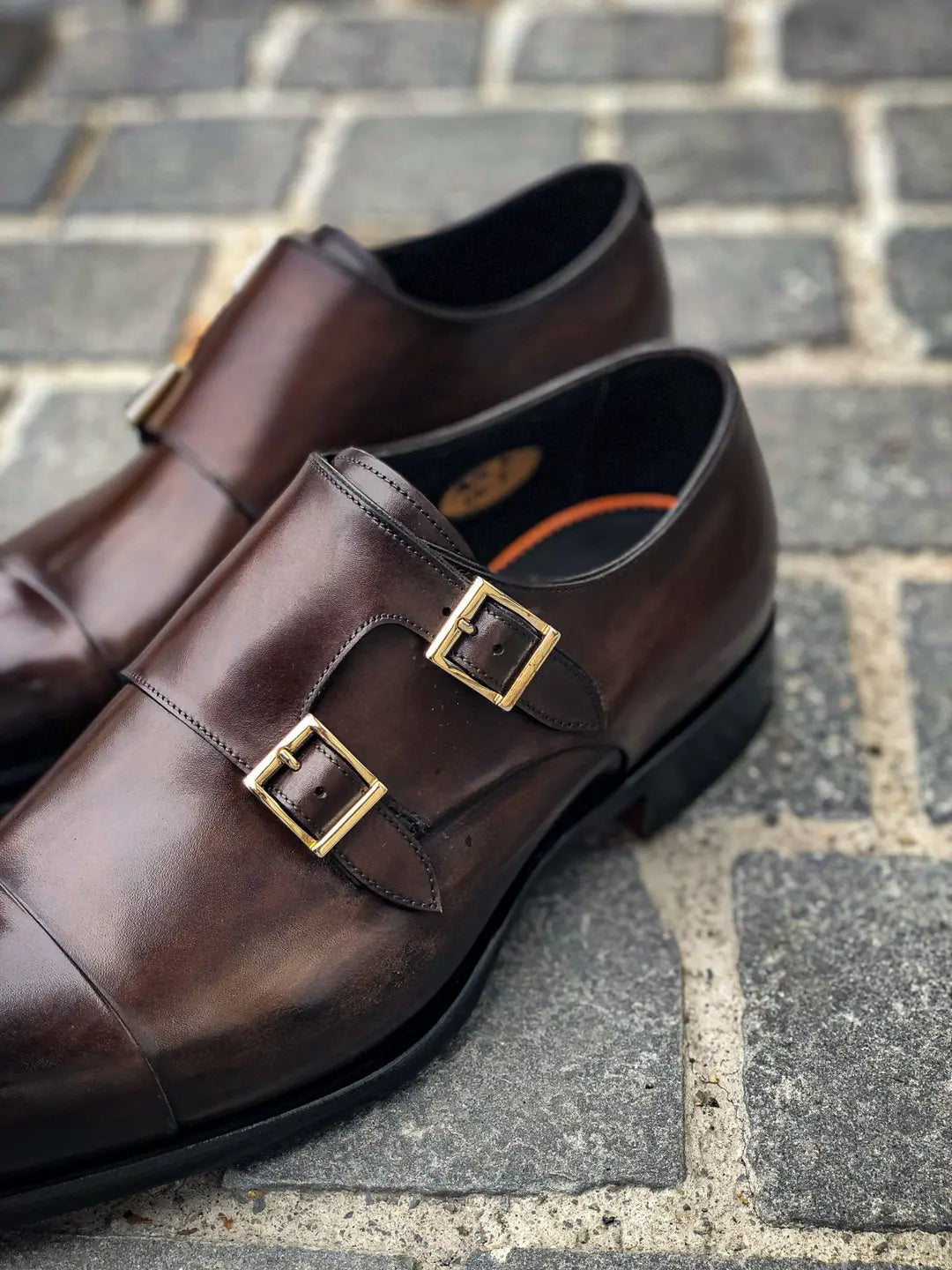 Santoni Double Buckle Dark Brown in calf leather, view 3