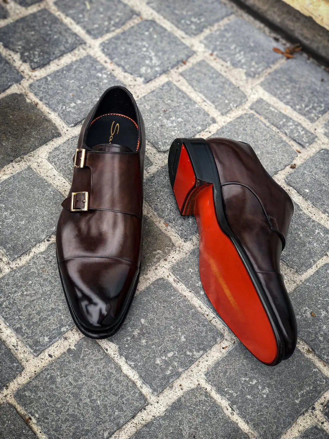 Santoni Double Buckle Dark Brown in calf leather, view 2