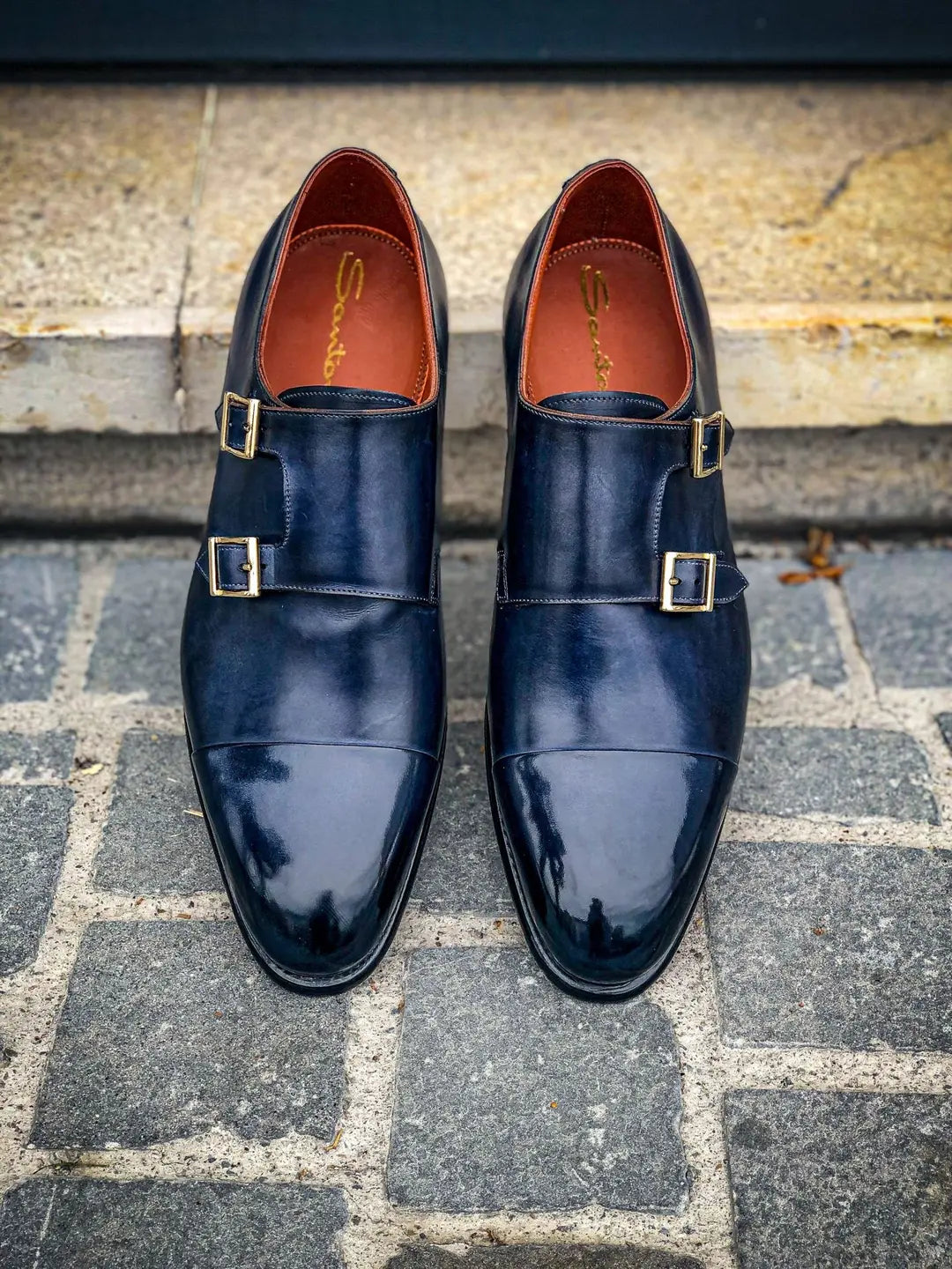 Santoni Double Buckle Navy in calf leather, view 6