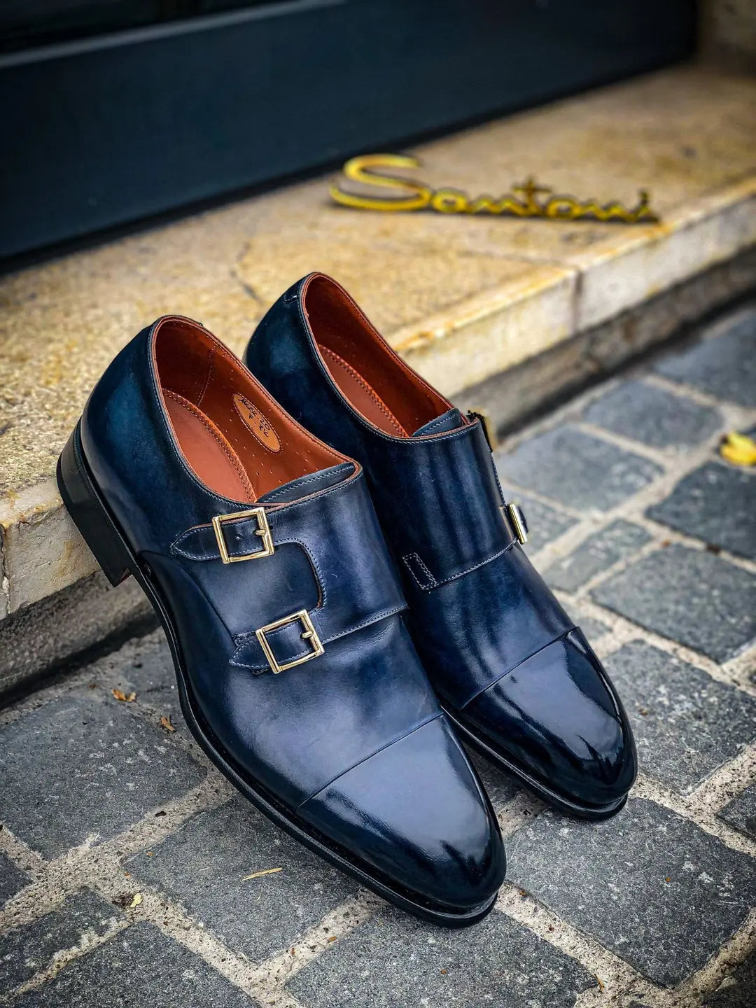 Santoni Double Buckle Navy in calf leather
