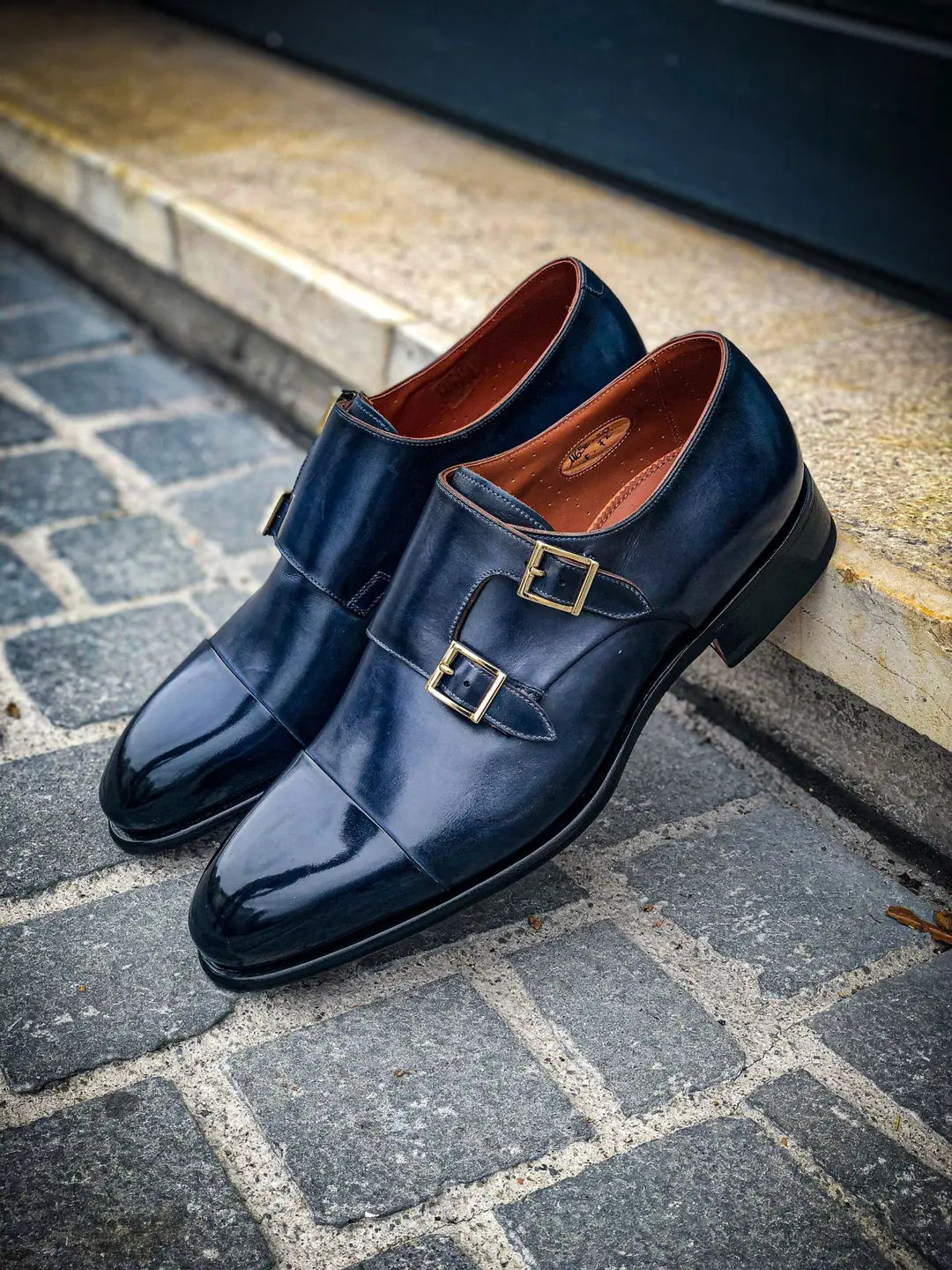 Santoni Double Buckle Navy in calf leather, view 5