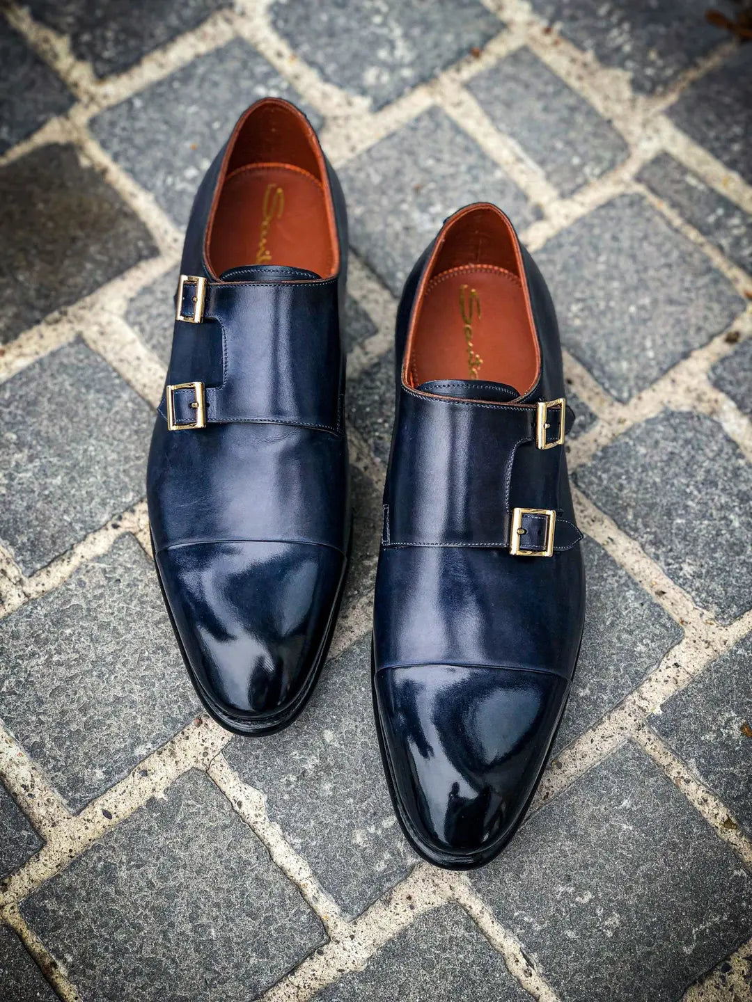 Santoni Double Buckle Navy in calf leather, view 4