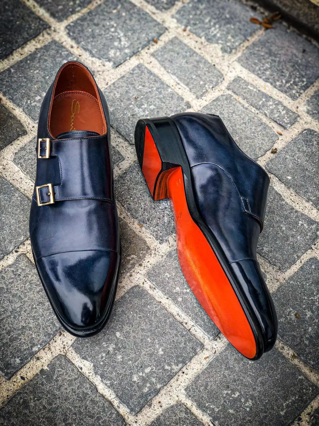 Santoni Double Buckle Navy in calf leather, view 3