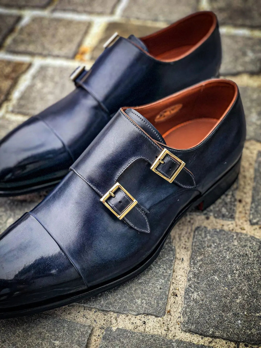 Santoni Double Buckle Navy in calf leather, view 2