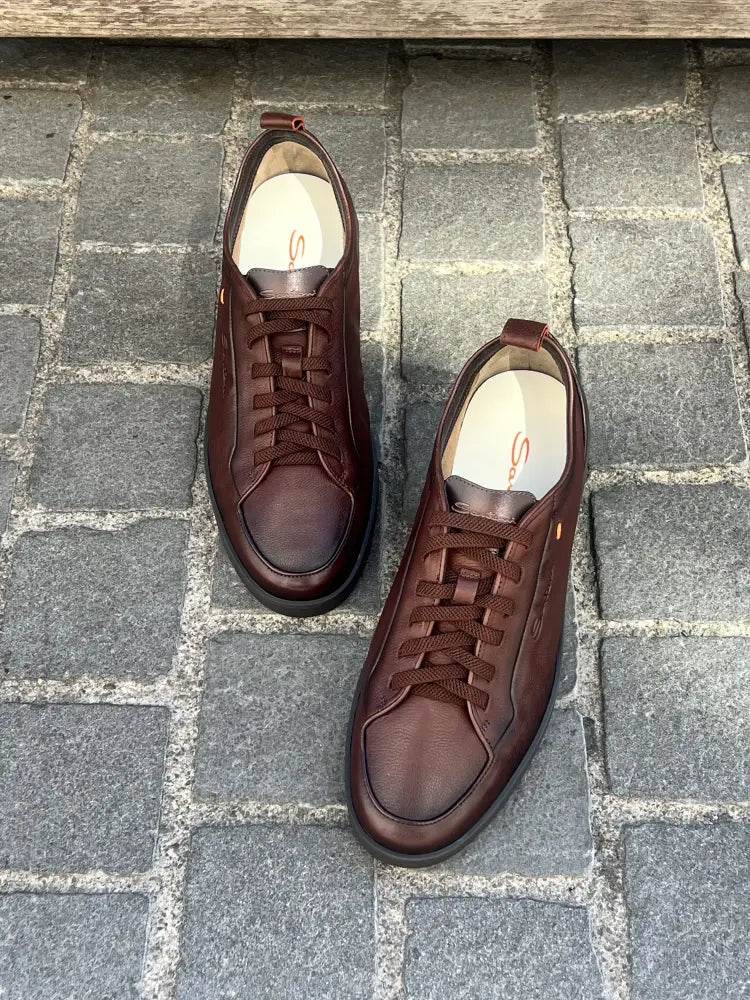 Santoni Tennis Slip On Trainer Dark Brown in calf leather, view 4