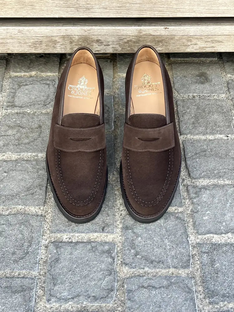 Crockett & Jones Boston Dark Brown Suede Penny Loafer, view 2
