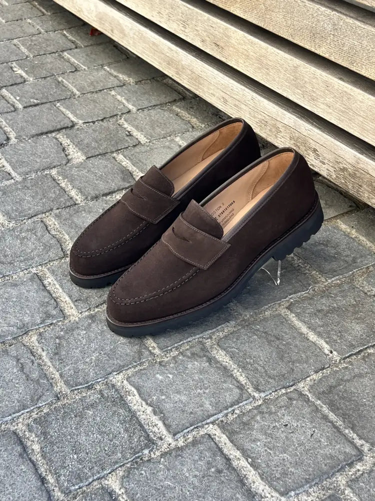 Crockett & Jones Boston Dark Brown Suede Penny Loafer, view 3