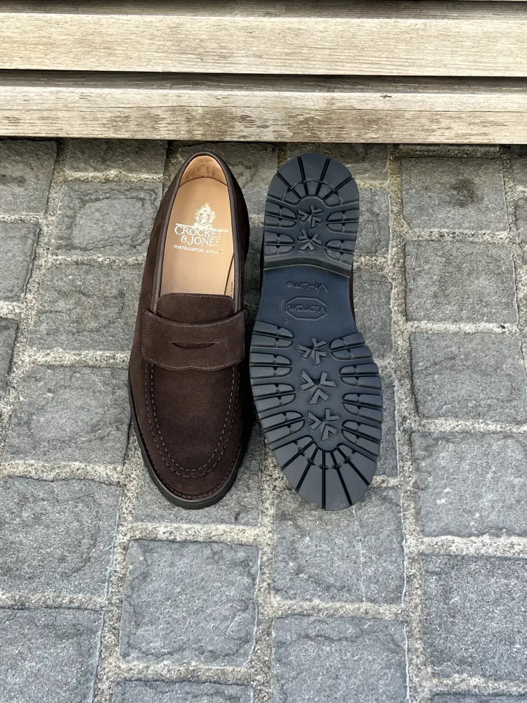 Crockett & Jones Boston Dark Brown Suede Penny Loafer, view 5