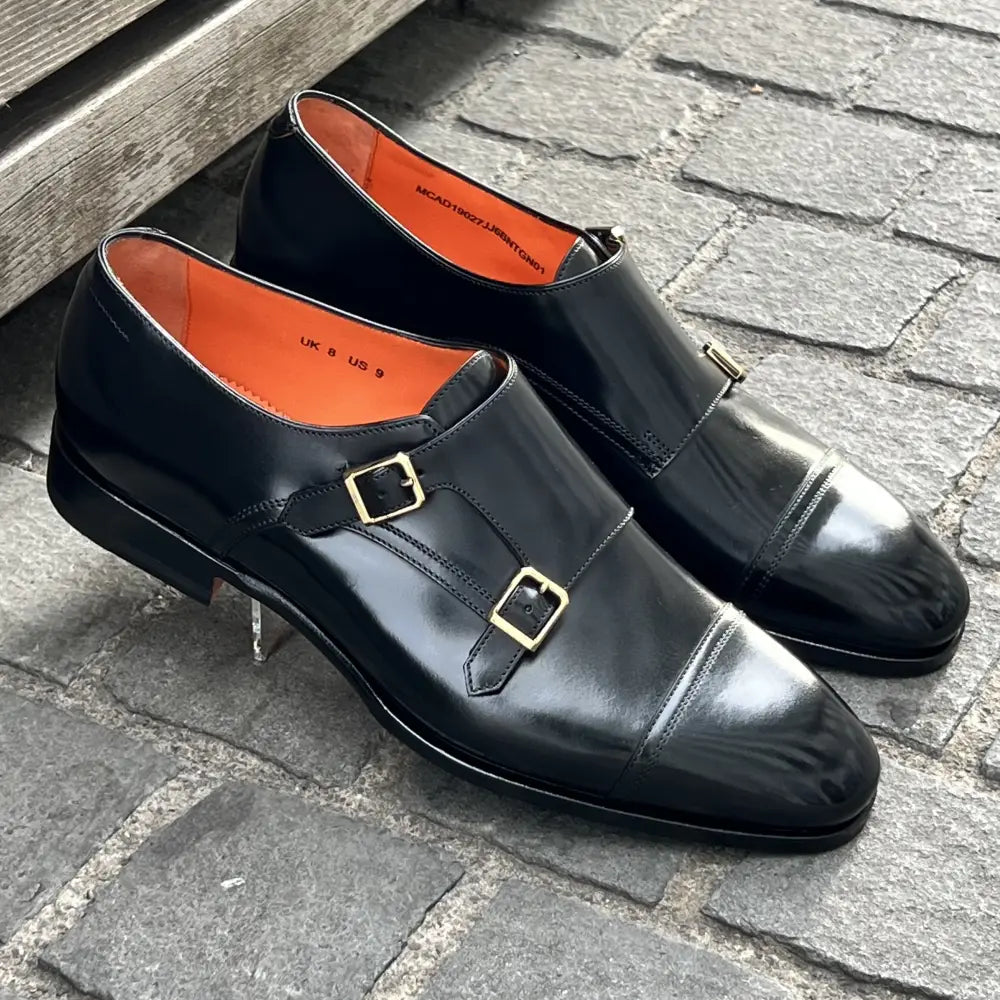 Santoni Double Buckle Black Leather