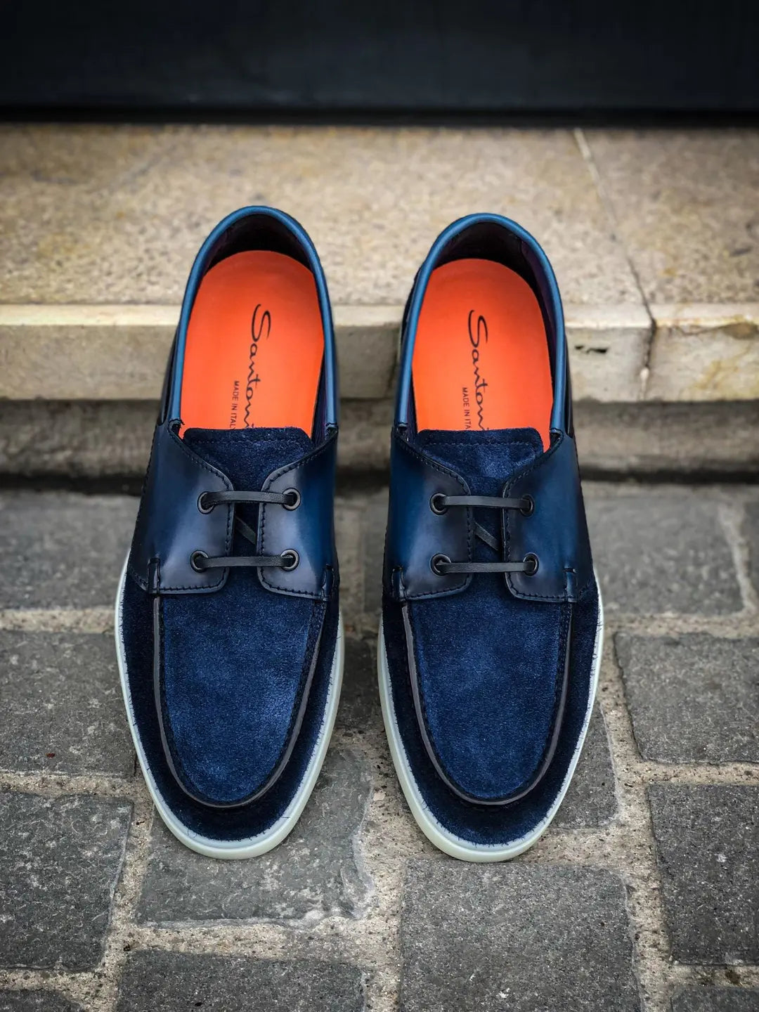 Santoni Boat Shoes Navy in suede, view 5