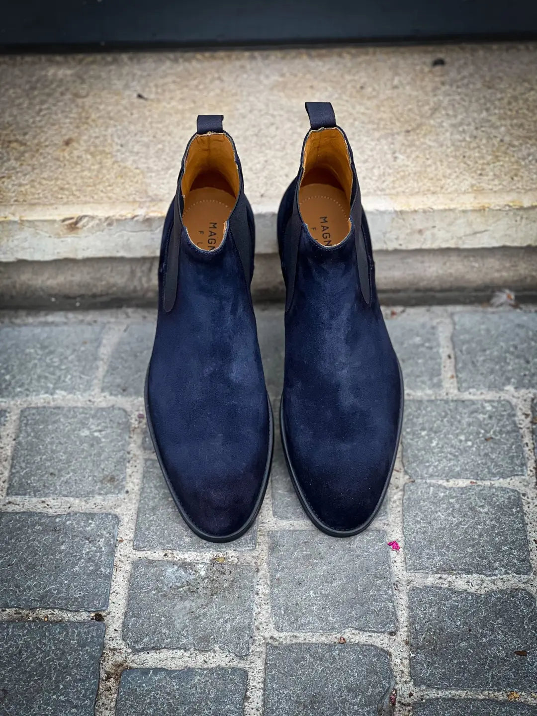 Magnanni Chelsea Boot Navy Suede Black Rubber Sole, view 5