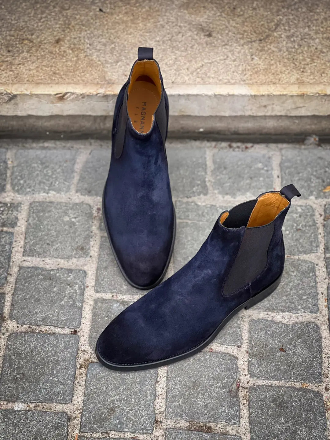 Magnanni Chelsea Boot Navy Suede Black Rubber Sole, view 3