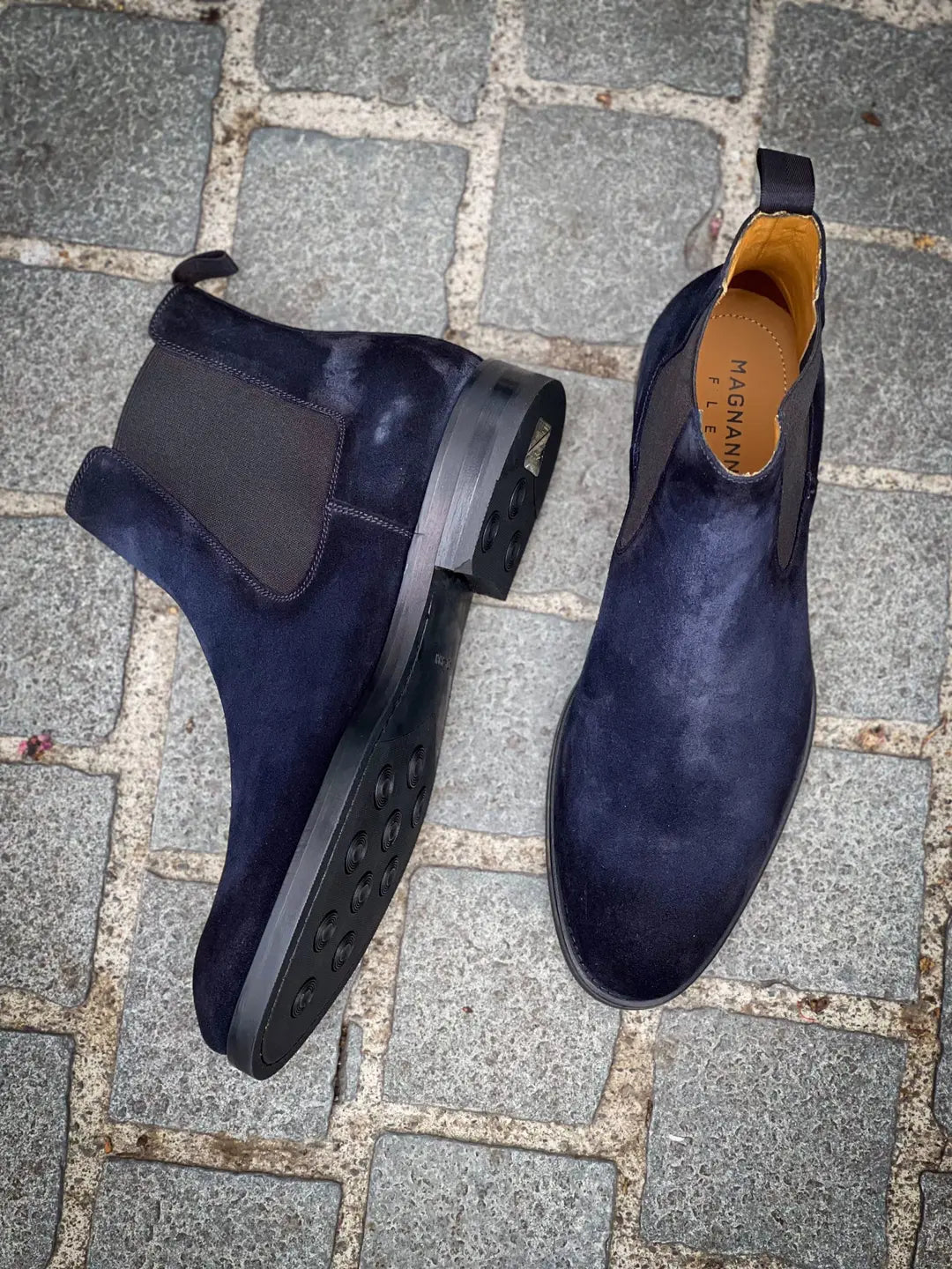 Magnanni Chelsea Boot Navy Suede Black Rubber Sole, view 2