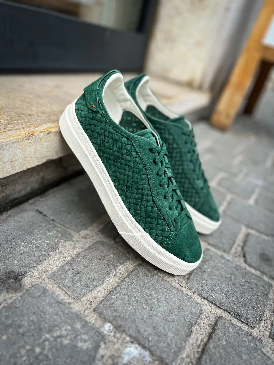 Santoni Woven Trainer Green Suede