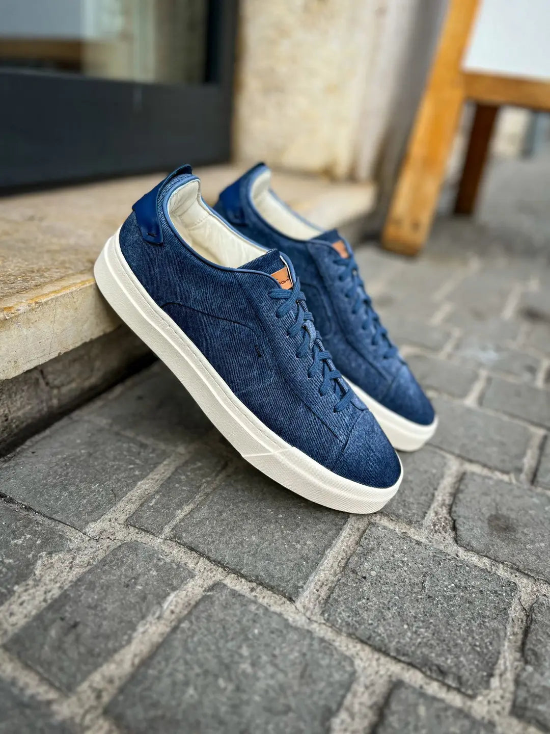 Santoni Denim Blue Suede Trainer