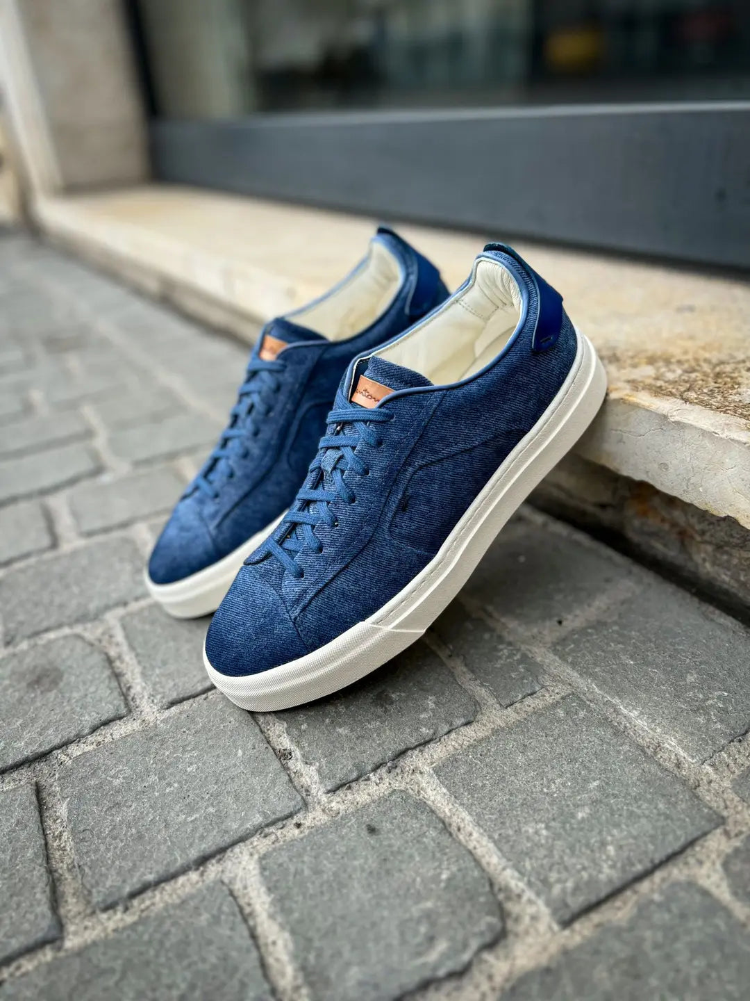 Santoni Denim Blue Suede Trainer, view 4