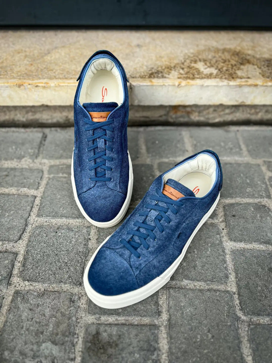 Santoni Denim Blue Suede Trainer, view 3