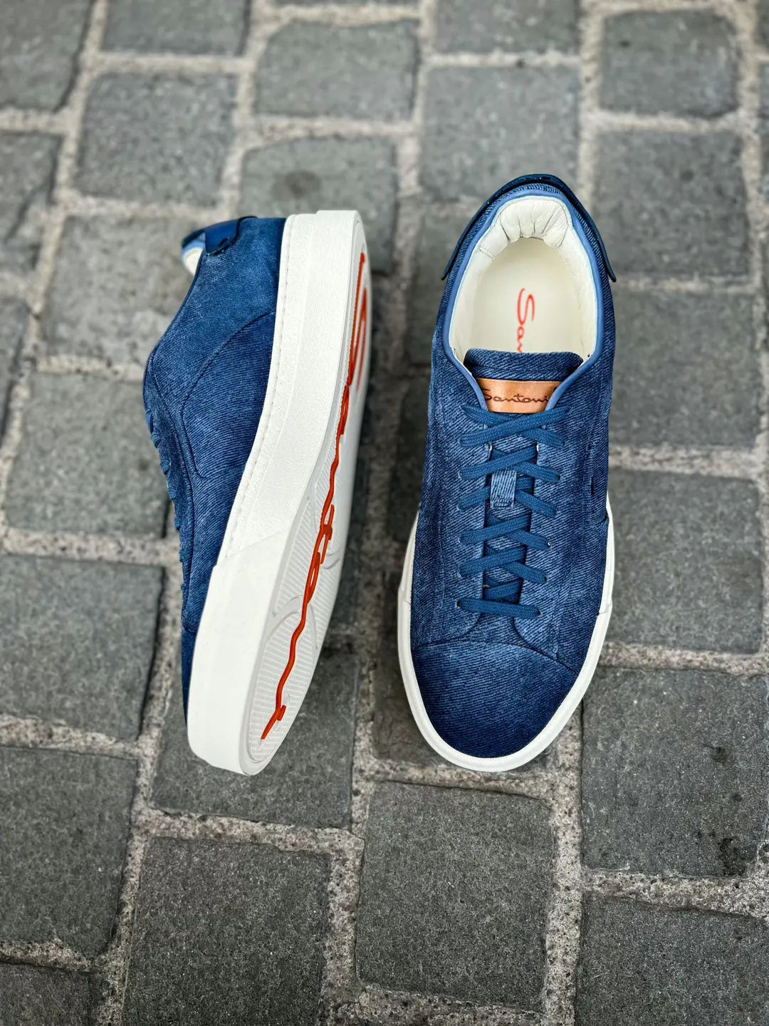 Santoni Denim Blue Suede Trainer, view 2