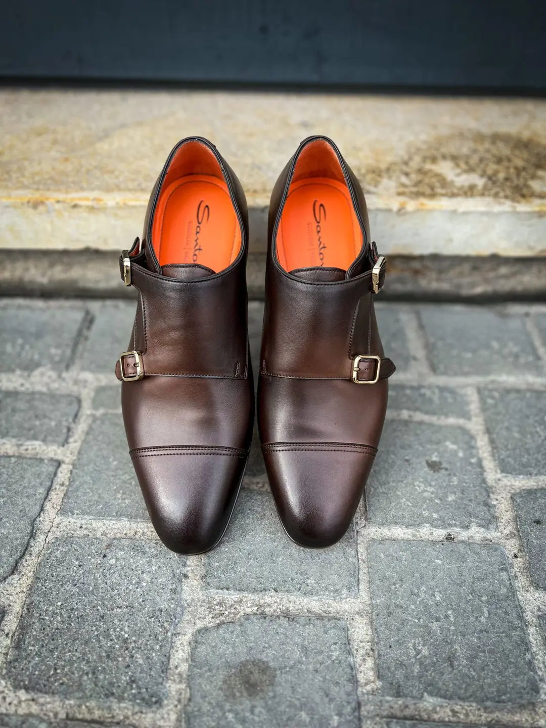 Santoni Double Buckle Flexi Dark Brown in calf leather, view 5