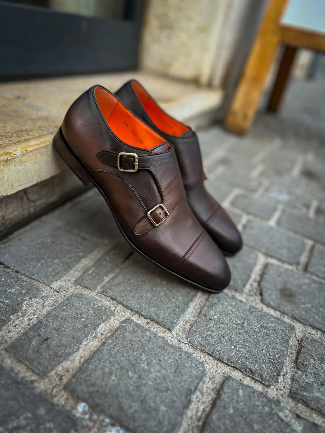 Santoni Double Buckle Flexi Dark Brown in calf leather