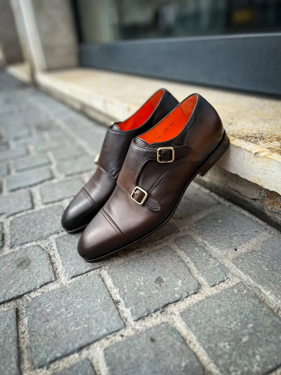 Santoni Double Buckle Flexi Dark Brown in calf leather, view 4