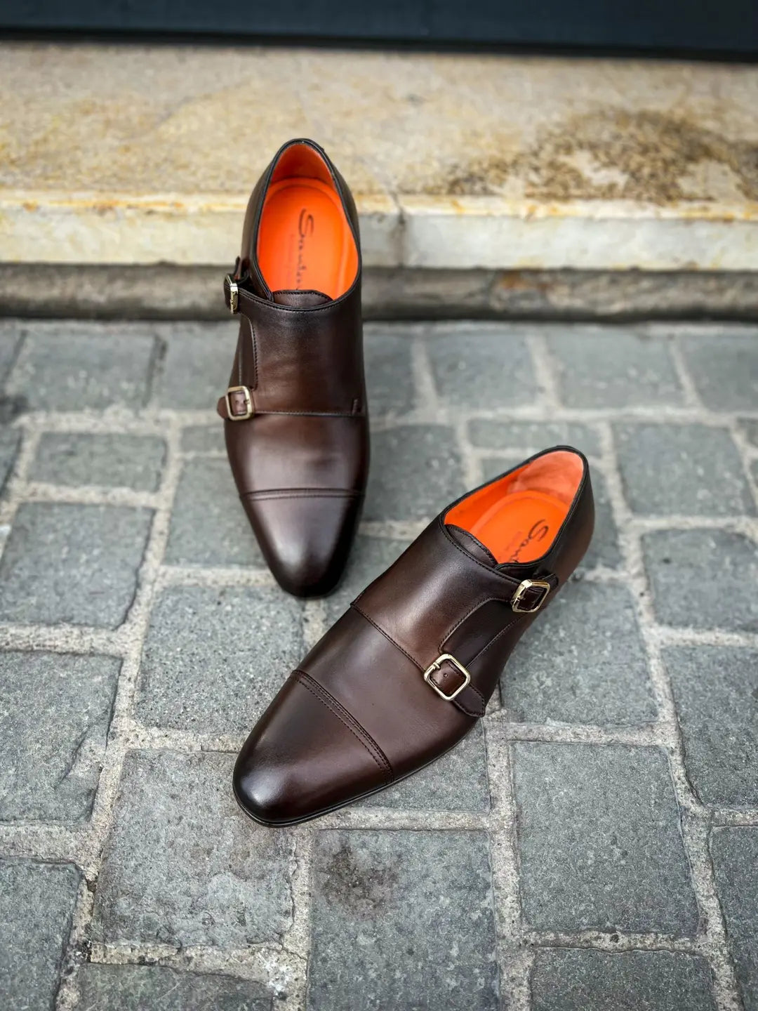 Santoni Double Buckle Flexi Dark Brown in calf leather, view 3