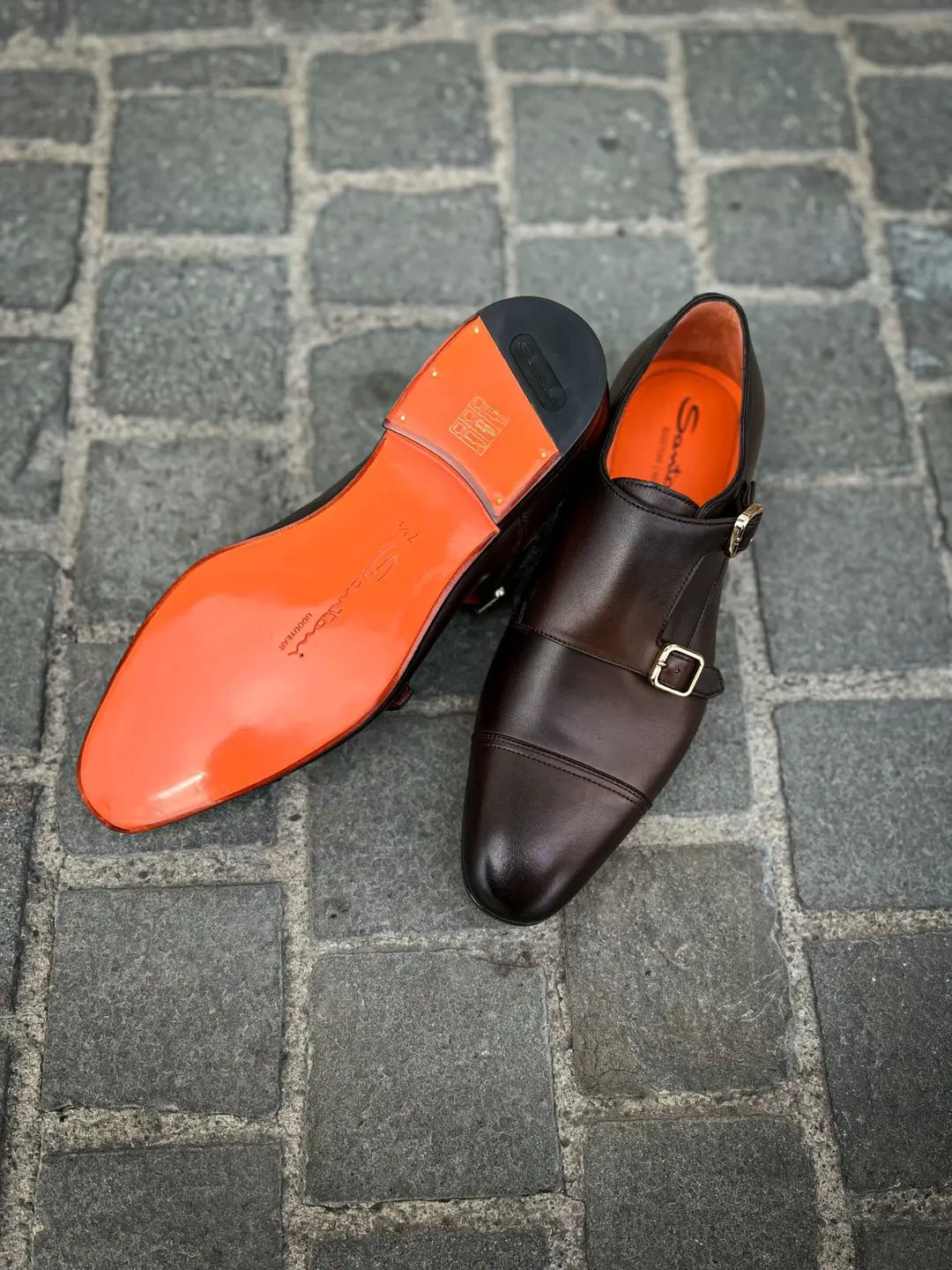 Santoni Double Buckle Flexi Dark Brown in calf leather, view 2