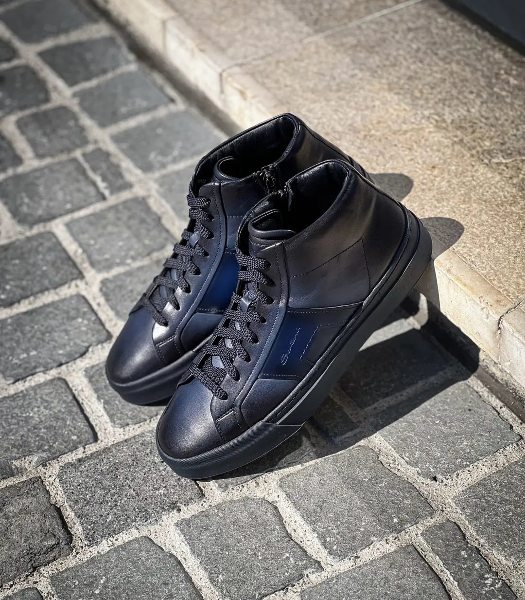 Santoni DBS High Top Trainer Navy Leather, view 5
