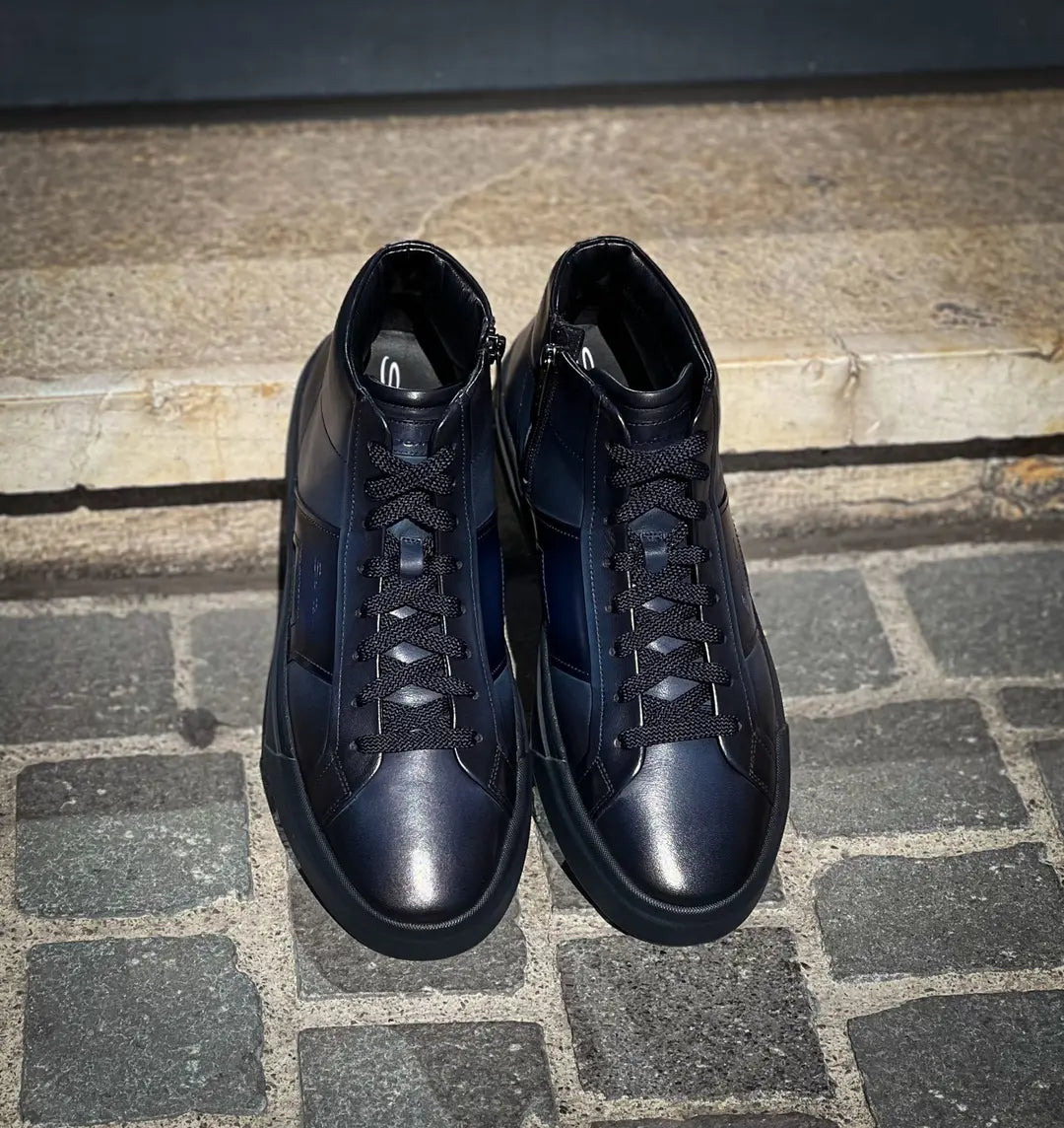 Santoni DBS High Top Trainer Navy Leather, view 4