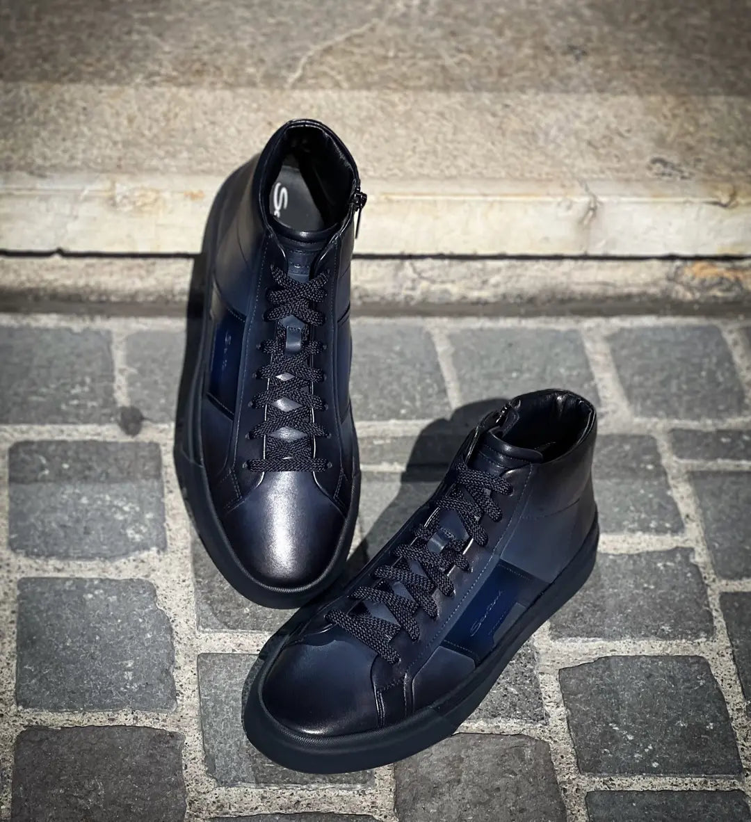 Santoni DBS High Top Trainer Navy Leather, view 3