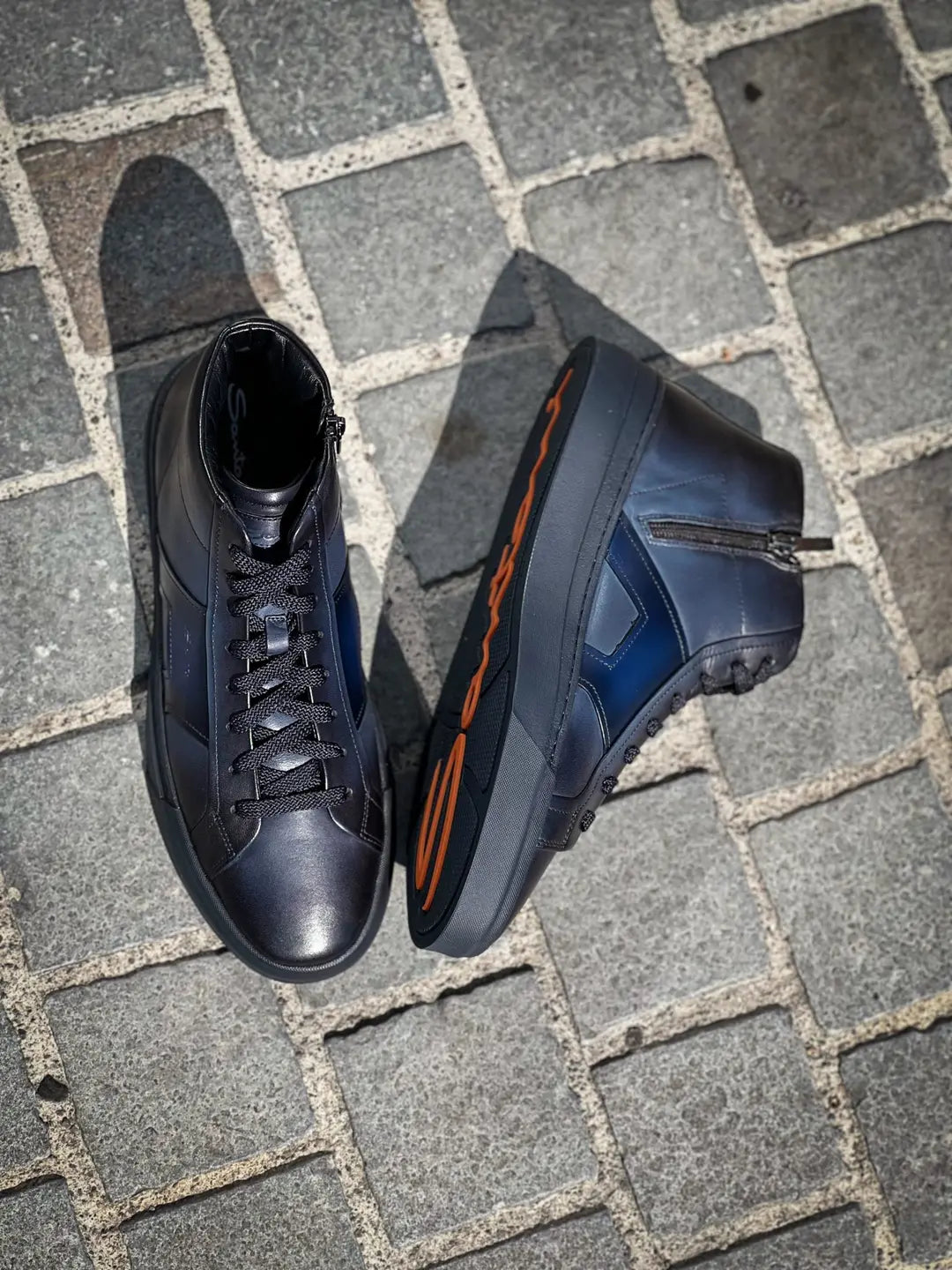 Santoni DBS High Top Trainer Navy Leather, view 2