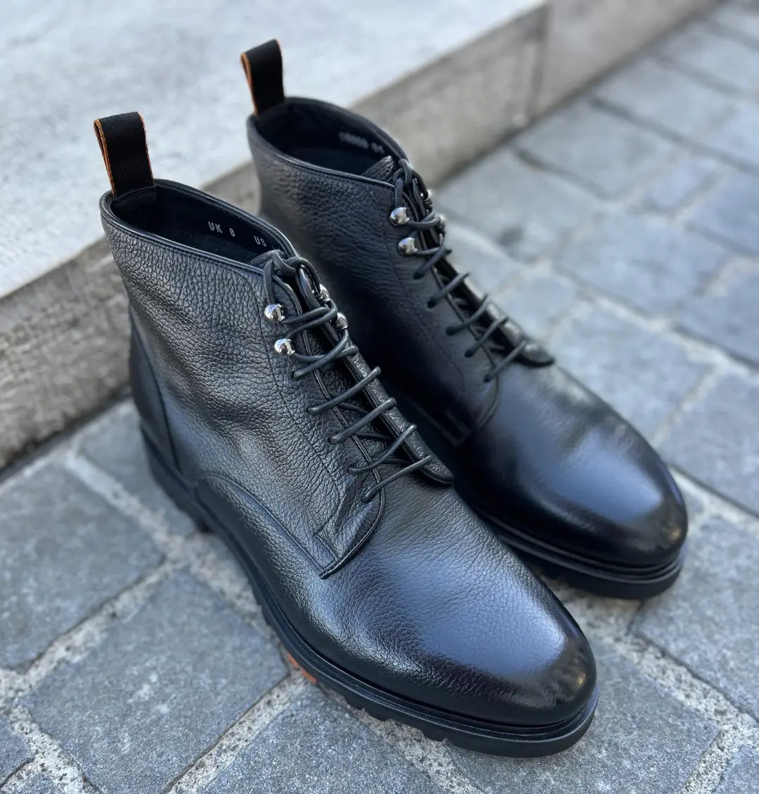 Santoni Black Grain Lace Up Boot