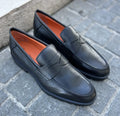 Santoni Black Grain Leather Mocassin