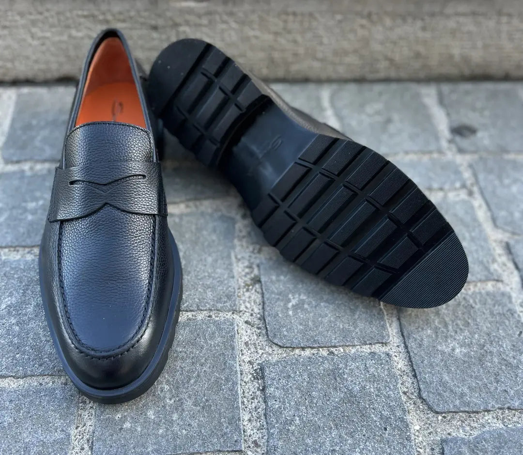 Santoni Black Grain Leather Mocassin, view 4