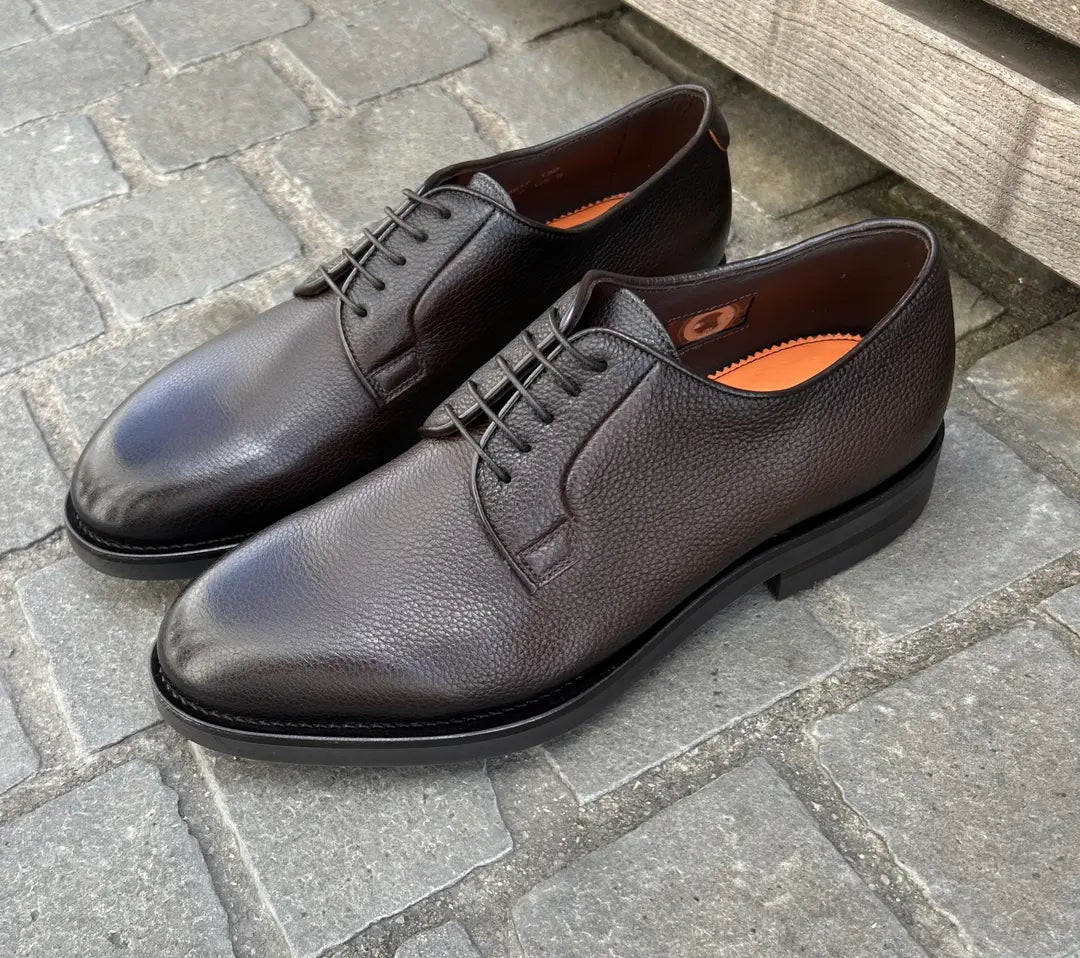 Santoni Dark Brown Grain Derby Calf Leather