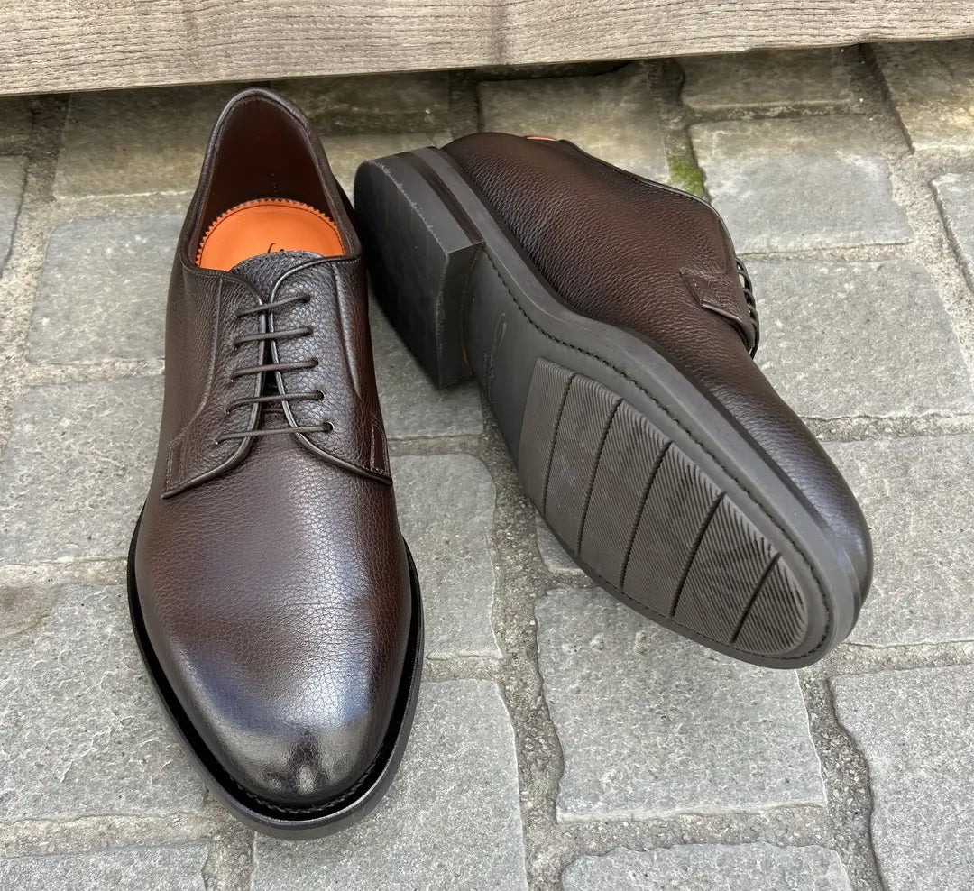 Santoni Dark Brown Grain Derby Calf Leather, view 2