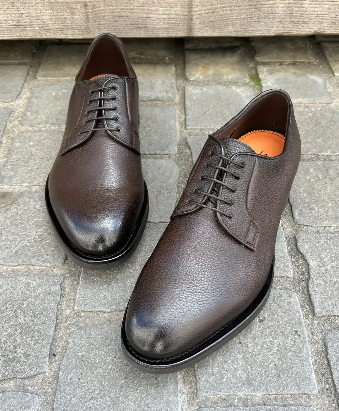 Santoni Dark Brown Grain Derby Calf Leather, view 3