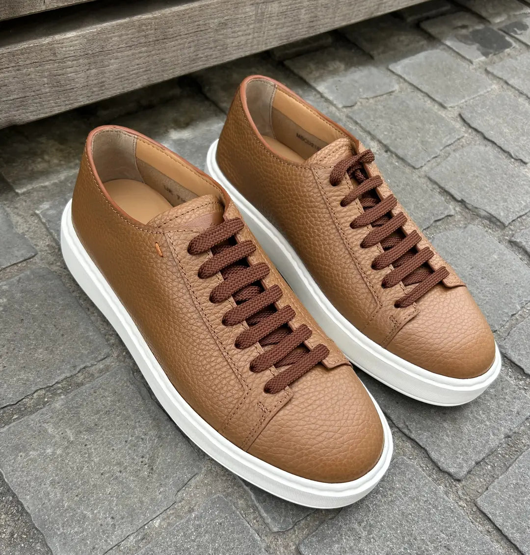 Santoni Light Brown Grain Leather Trainer, view 3