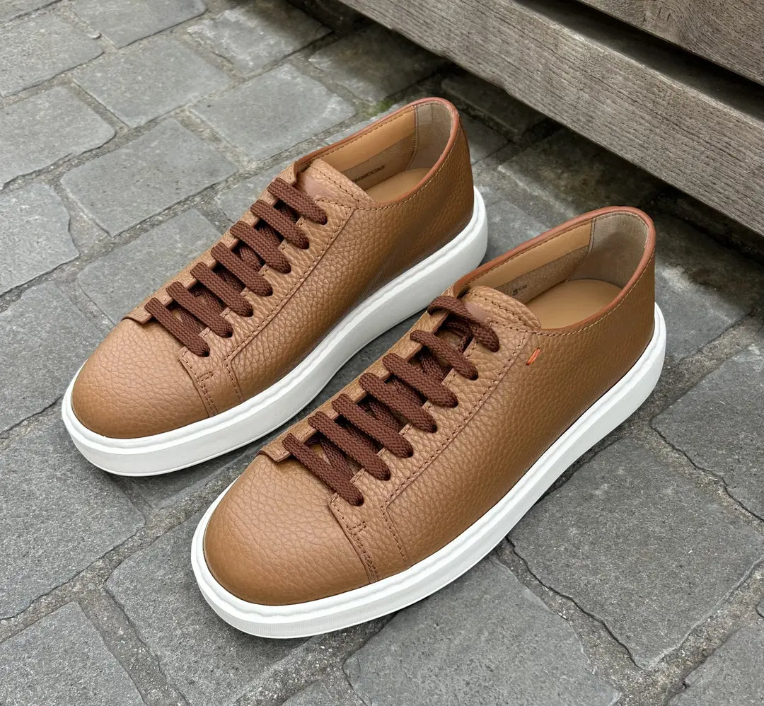 Santoni Light Brown Grain Leather Trainer