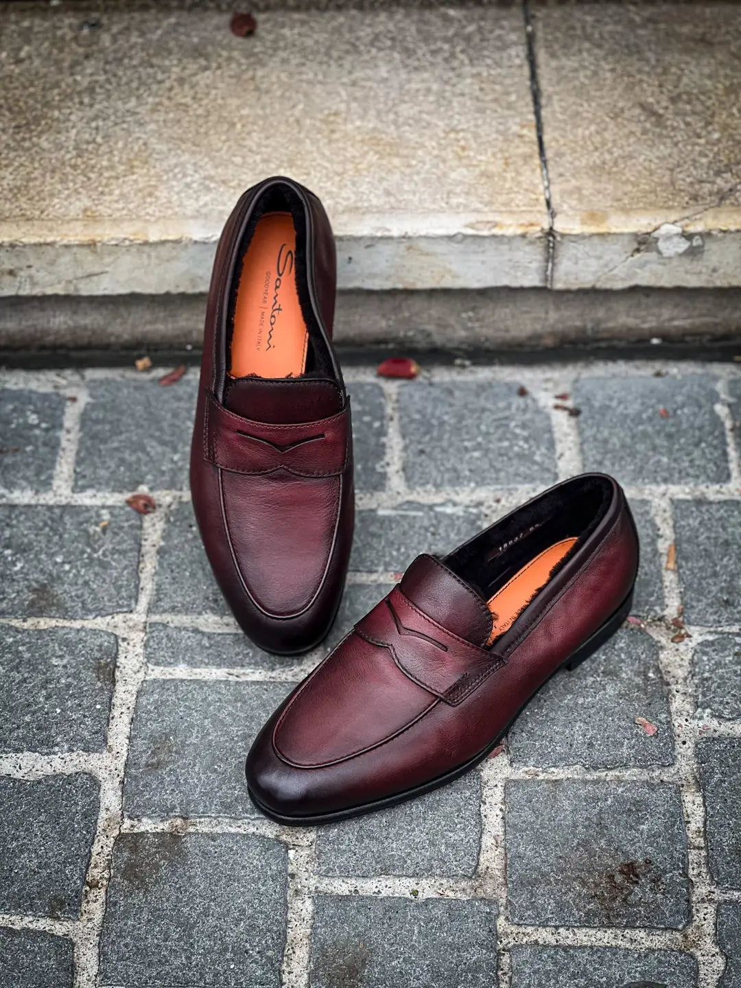 Santoni Mocassin Burgundy Fur Lined in calf leather, view 4