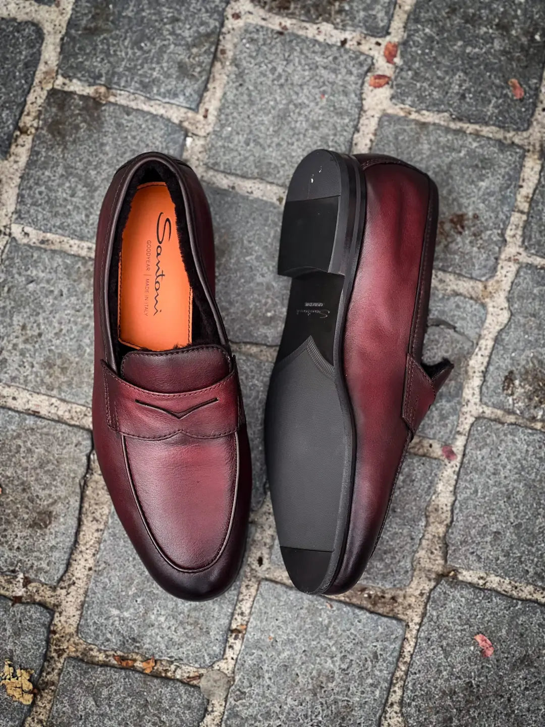 Santoni Mocassin Burgundy Fur Lined in calf leather, view 3