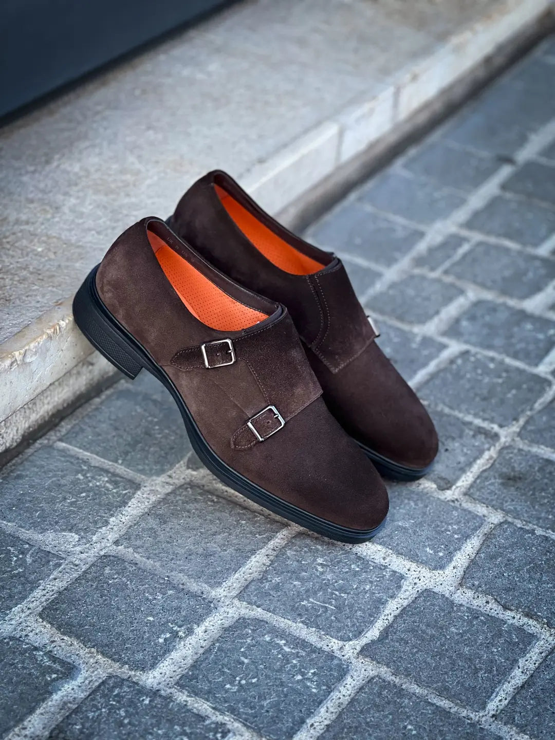 Santoni Easy Double Buckle Dark Brown Suede