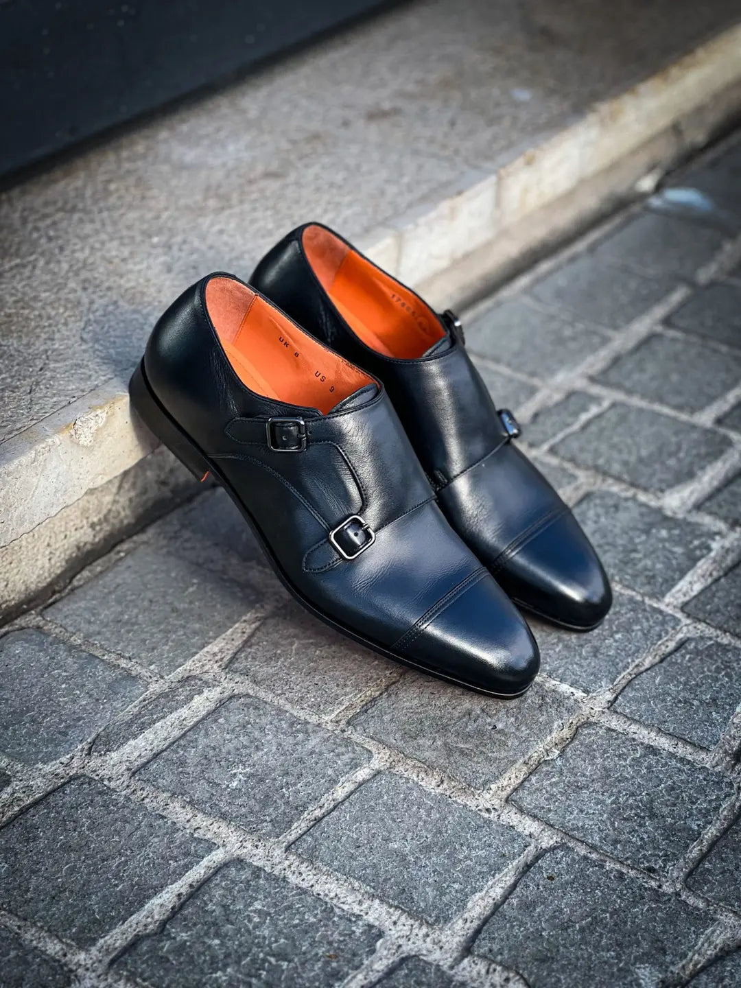 Santoni Flexi Double Buckle Black in calf leather