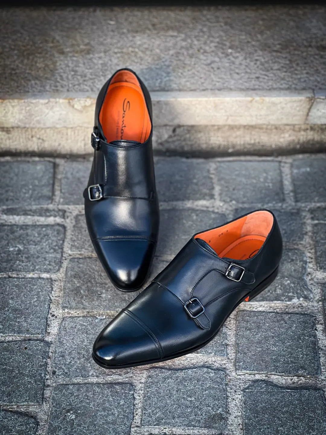 Santoni Flexi Double Buckle Black in calf leather, view 3