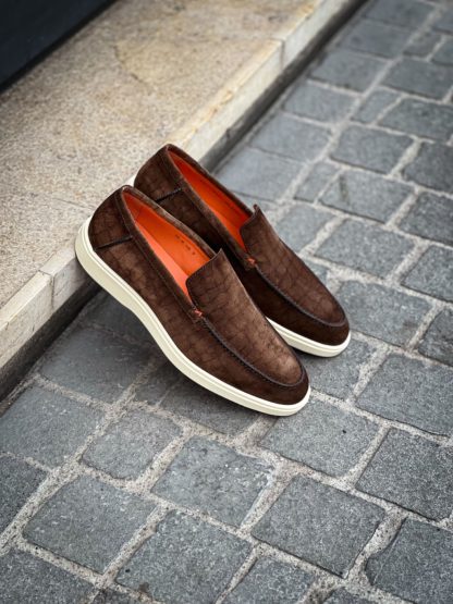 Santoni Slip On Loafer Croco Print Dark Brown Suede