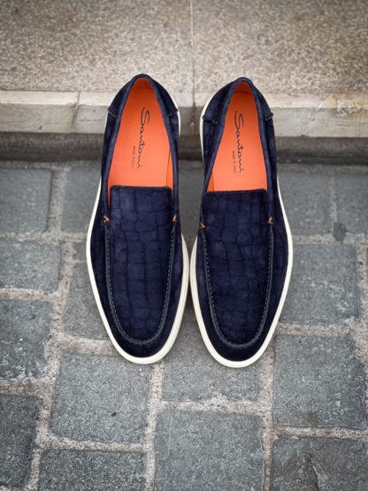 Santoni Slip On Loafer Croco Print Navy Suede - Image 5