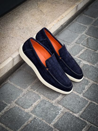 Santoni Slip On Loafer Croco Print Navy Suede