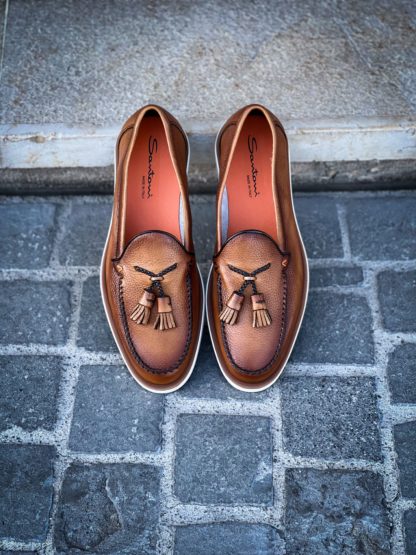 Santoni Mocassin Pompons Cuir Grainé Marron Clair – Image 5